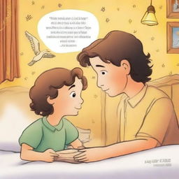 Crie uma capa de livro mostrando a amizade de um menino de 7 anos com um anjo que visita o seu quarto toda noite