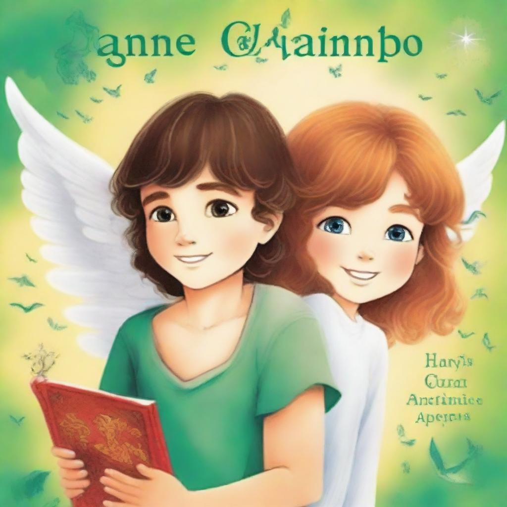 Crie uma capa de livro mostrando a amizade de um menino de 7 anos com um anjo que visita o seu quarto toda noite