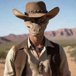 Rattlesnake Jake from 'Rango', reimagined as a human character, while retaining the piercing, slitted snake-like eyes that capture his original essence. The image also incorporates aspects like rugged cowboy attire to adhere to his Western context.