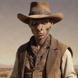 Rattlesnake Jake from 'Rango', reimagined as a human character, while retaining the piercing, slitted snake-like eyes that capture his original essence. The image also incorporates aspects like rugged cowboy attire to adhere to his Western context.