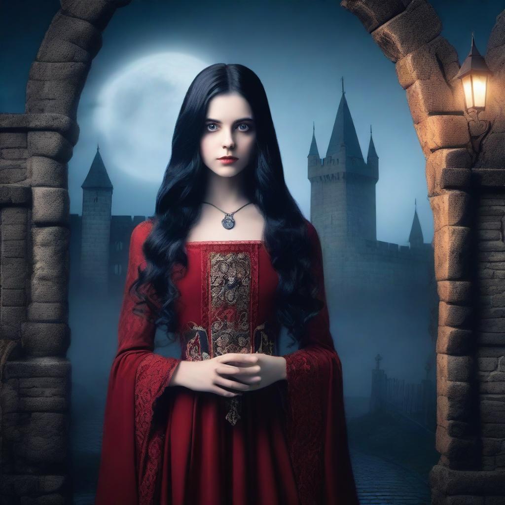 A fair-skinned girl with long black hair and big blue eyes wearing a red medieval dress standing outside the gate of a spooky castle