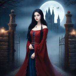 A fair-skinned girl with long black hair and big blue eyes wearing a red medieval dress standing outside the gate of a spooky castle