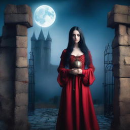 A fair-skinned girl with long black hair and big blue eyes wearing a red medieval dress standing outside the gate of a spooky castle