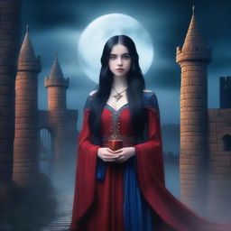 A fair-skinned girl with long black hair and big blue eyes wearing a red medieval dress standing outside the gate of a spooky castle