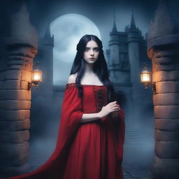 A fair-skinned, thin girl with long black hair, big blue eyes, dark circles under her eyes, and prominent cheekbones wearing a red medieval dress