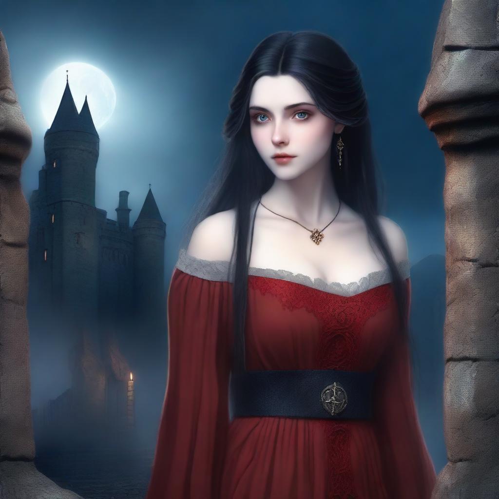 A fair-skinned, thin girl with long black hair, big blue eyes, dark circles under her eyes, and prominent cheekbones wearing a red medieval dress