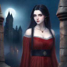 A fair-skinned, thin girl with long black hair, big blue eyes, dark circles under her eyes, and prominent cheekbones wearing a red medieval dress