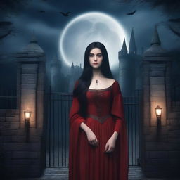 A fair-skinned, thin girl with long black hair, big blue eyes, dark circles under her eyes, and prominent cheekbones wearing a red medieval dress