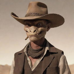 Rattlesnake Jake from 'Rango', reimagined as a human character, while retaining the piercing, slitted snake-like eyes that capture his original essence. The image also incorporates aspects like rugged cowboy attire to adhere to his Western context.