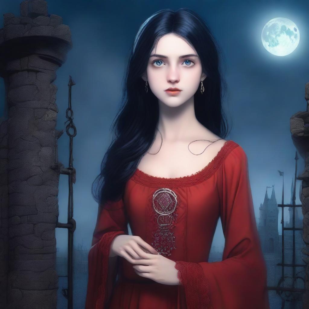 A fair-skinned, thin girl with long black hair, big blue eyes, dark circles under her eyes, and prominent cheekbones wearing a red medieval dress