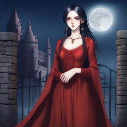 A fair-skinned, thin girl with long black hair, big blue eyes, dark circles under her eyes, and prominent cheekbones wearing a red medieval dress