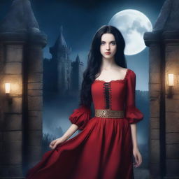 A fair-skinned, thin girl with long black hair, big blue eyes, dark circles under her eyes, and prominent cheekbones wearing a red medieval dress