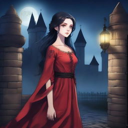 A fair-skinned, thin girl with long black hair, big blue eyes, dark circles under her eyes, and prominent cheekbones wearing a red medieval dress