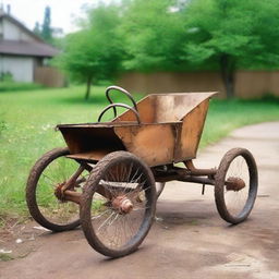 A homemade buggy made from various scrap materials and parts