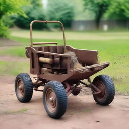 A homemade buggy made from various scrap materials and parts