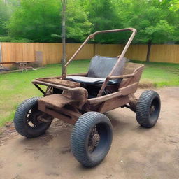 A homemade buggy made from various scrap materials and parts