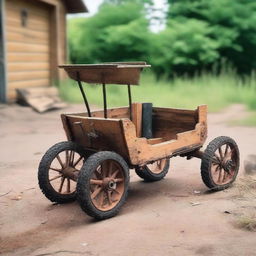 A homemade buggy made from various scrap materials and parts