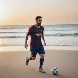 Lionel Messi playing soccer on a beach with the sunset over the ocean in the background