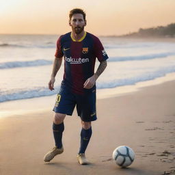 Lionel Messi playing soccer on a beach with the sunset over the ocean in the background