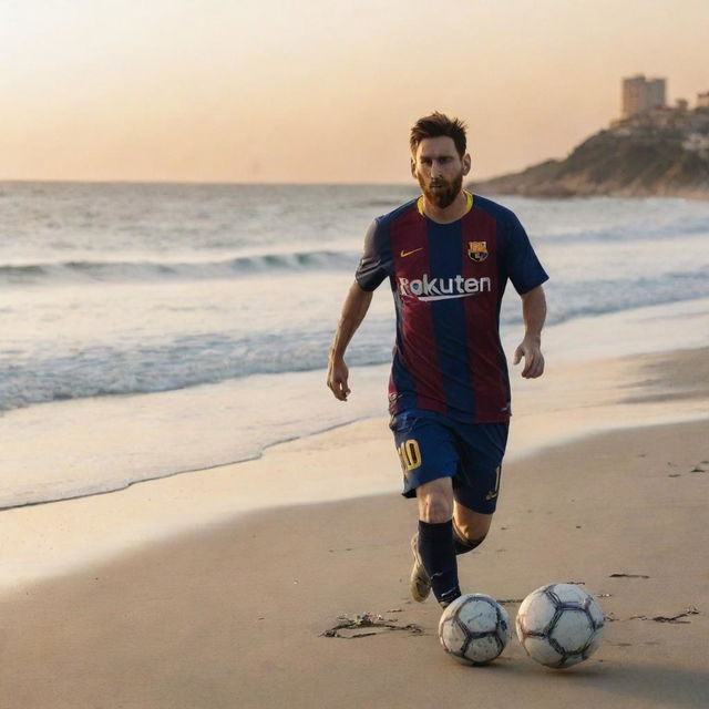 Lionel Messi playing soccer on a beach with the sunset over the ocean in the background