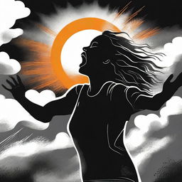 A black and white illustration for a spiritual book cover titled 'O Sol Depois da Tempestade' by Tauane Hasselmann