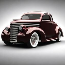 Create a custom car combining the features of a 1939 black cherry Chevy coupe and the likeness of a Camaro