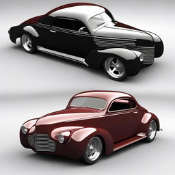 Create a custom car combining the features of a 1939 black cherry Chevy coupe and the likeness of a Camaro