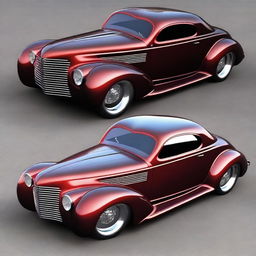 Create a custom car combining the features of a 1939 black cherry Chevy coupe and the likeness of a Camaro