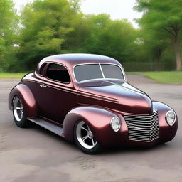 Create a custom car fusion combining elements of a 1939 black cherry Chevy coupe and a Camaro