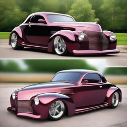 Create a custom car fusion combining elements of a 1939 black cherry Chevy coupe and a Camaro