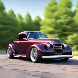 Create a custom car fusion combining elements of a 1939 black cherry Chevy coupe and a Camaro