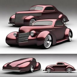 Create a custom car fusion combining elements of a 1939 black cherry Chevy coupe and a Camaro