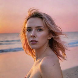 Scarlett Johansson enjoying a lovely day on a beach, the sun setting in a sky painted with hues of orange and pink behind her