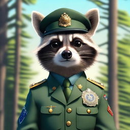 A raccoon dressed in a military uniform, standing upright with a serious expression