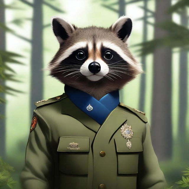 A raccoon dressed in a military uniform, standing upright with a serious expression