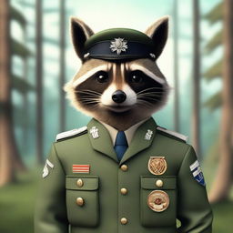 A raccoon dressed in a military uniform, standing upright with a serious expression