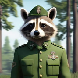 A raccoon dressed in a military uniform, standing upright with a serious expression