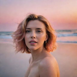 Scarlett Johansson enjoying a lovely day on a beach, the sun setting in a sky painted with hues of orange and pink behind her