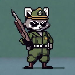 A pixel art depiction of a raccoon dressed in a military uniform, holding a pistol