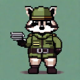 A pixel art depiction of a raccoon dressed in a military uniform, holding a pistol