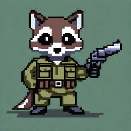 A pixel art depiction of a raccoon dressed in a military uniform, holding a pistol