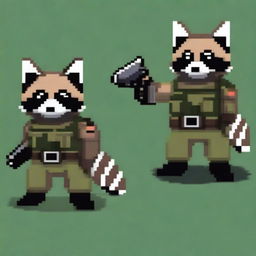 A pixel art depiction of a raccoon dressed in a military uniform, holding a pistol