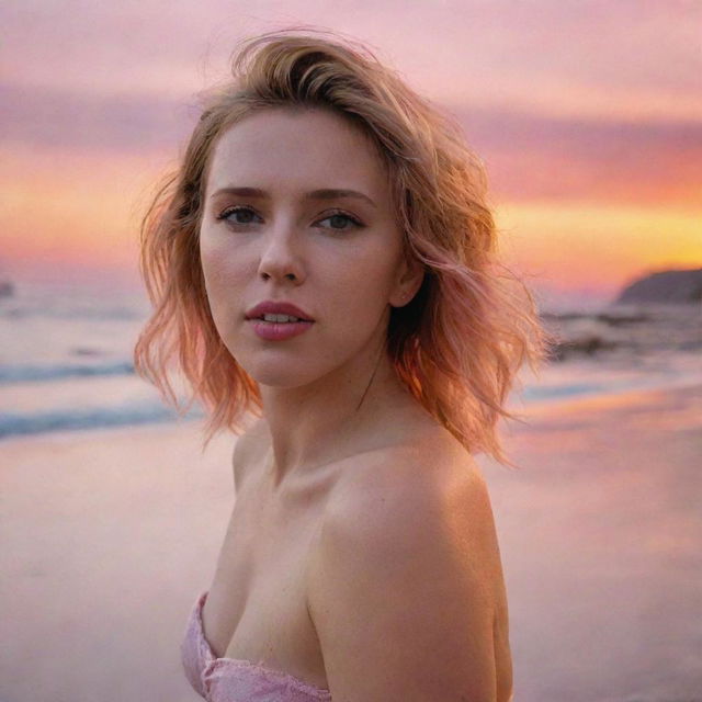 Scarlett Johansson enjoying a lovely day on a beach, the sun setting in a sky painted with hues of orange and pink behind her