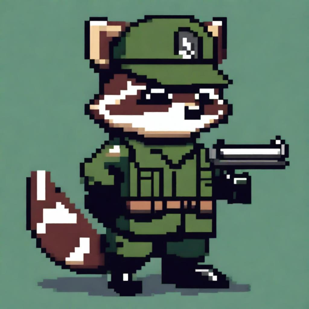 A pixel art depiction of a raccoon dressed in a military uniform, holding a pistol