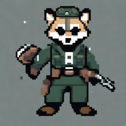 A pixel art depiction of a raccoon dressed in a military uniform, holding a pistol