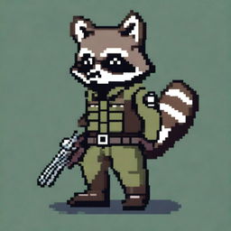 A pixel art depiction of a raccoon dressed in a military uniform, holding a pistol