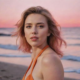 Scarlett Johansson enjoying a lovely day on a beach, the sun setting in a sky painted with hues of orange and pink behind her