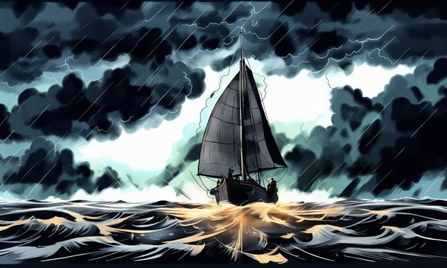 A watercolour storyboard's twenty-sixth act featuring the characters setting sail in an old boat under a sky fractured with a brilliant flash of lightning, with a brewing storm looming ominously on the horizon as night falls.