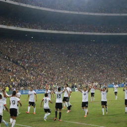 A celebratory scene featuring the Vasco da Gama football team winning the Brazilian Championship, with their players rejoicing and fans cheering wildly against a backdrop of the iconic Estadio São Januario.