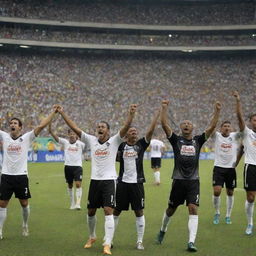 A celebratory scene featuring the Vasco da Gama football team winning the Brazilian Championship, with their players rejoicing and fans cheering wildly against a backdrop of the iconic Estadio São Januario.